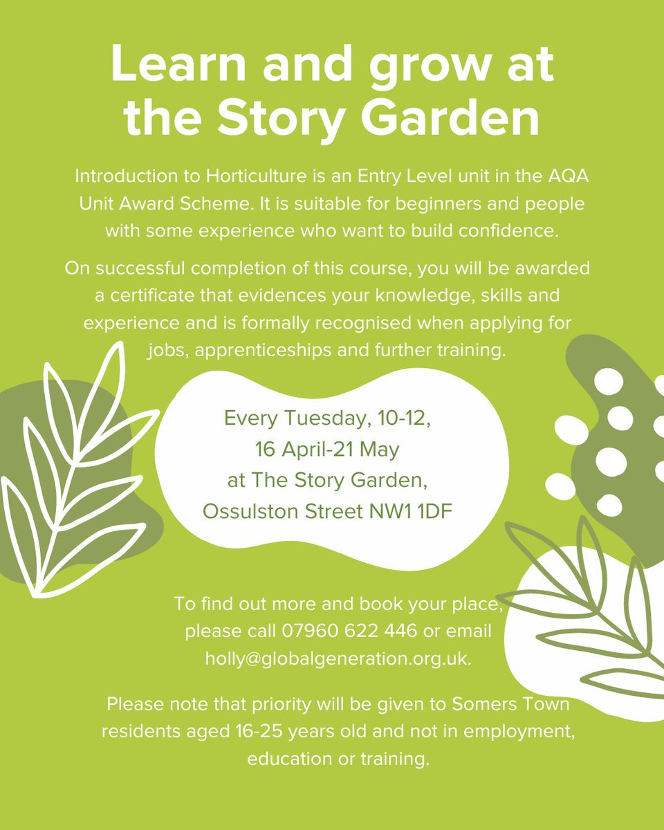 Practical, informative and fun, our 6 week Introduction to Horticulture training course is back! Learn the basics in organic & wildlife friendly food growing and garden maintenance. ⌚Tuesdays 10-12 📅16 April - 21 May 📍Story Garden See flyer for more info and to sign up. 👇
