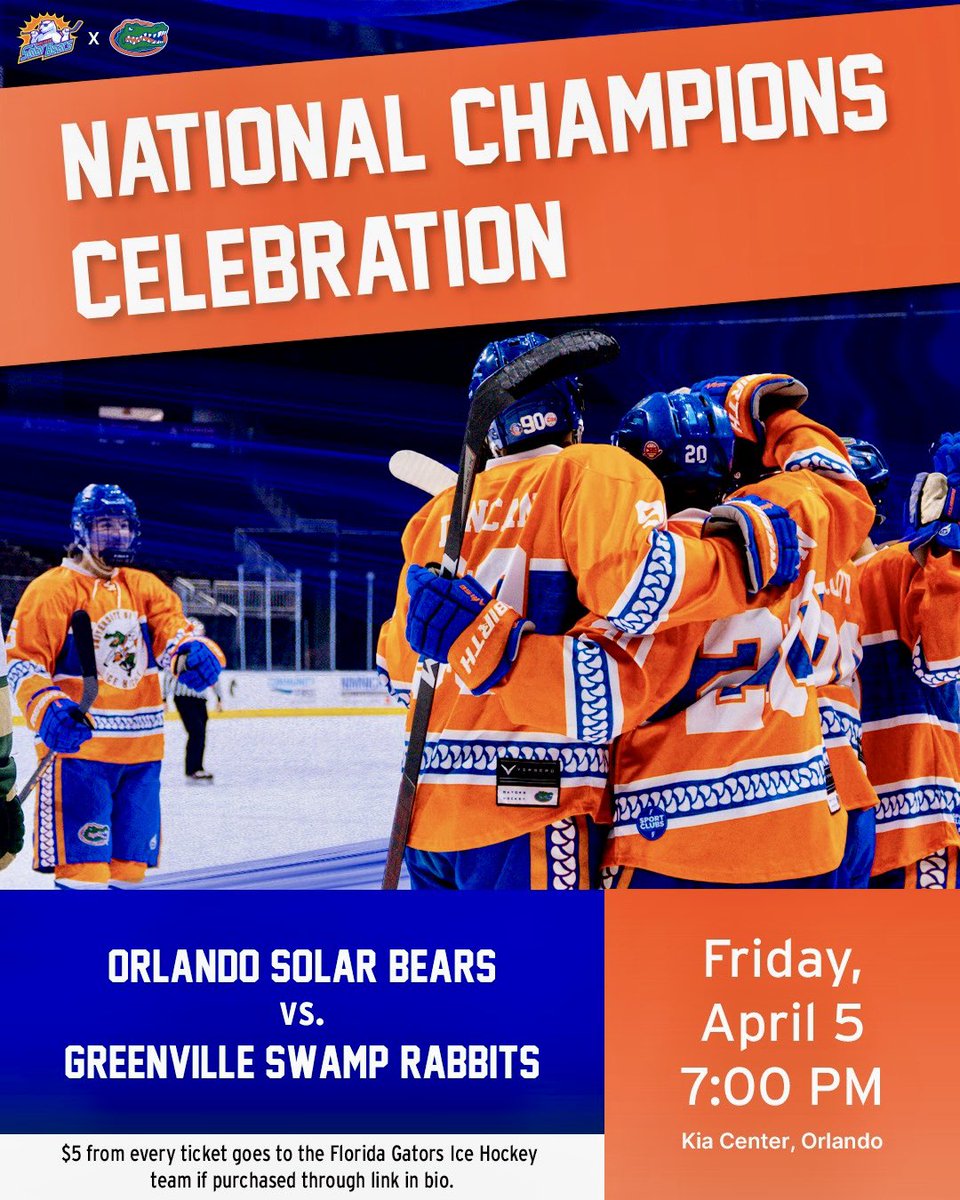 ufhockey's tweet photo. Celebrate your 2024 National Champion Florida Gators this Friday 4/5 at the Orlando Solar Bears game. Fans will have the opportunity to meet the team for autographs/pictures after the game. Proceeds from tickets purchased through the link in our bio will help support the team. https://t.co/dBjpGCvBHL