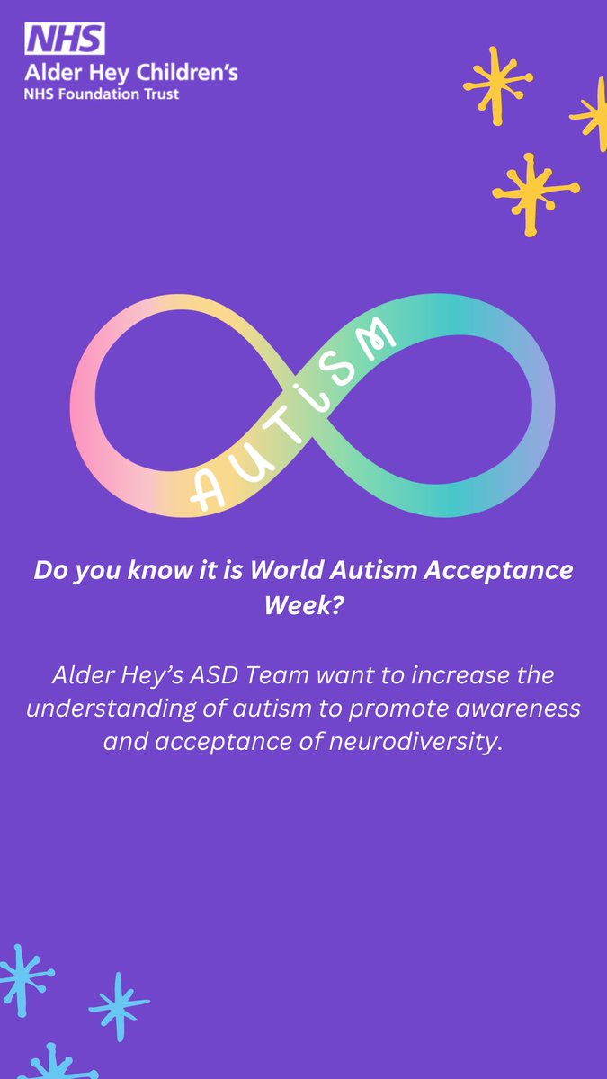 This week at Alder Hey join us to celebrate World #AutismAcceptanceWeek <a href="/AlderHey/">🏥 Alder Hey 💙</a> <a href="/Autism/">National Autistic Society</a> <a href="/ADDvancedSol/">ADDvanced Solutions Community Network</a> <a href="/AzraCreations/">Faria Arsh</a>  <a href="/StJulies/">St.Julie'sHighSchool</a> <a href="/MaricourtCHS/">Maricourt Catholic High School</a> <a href="/Seftoncarers/">Sefton Carers Centre</a> <a href="/YPASLiverpool/">YPAS Liverpool</a> <a href="/aimliverpool/">Autism In Motion</a> <a href="/AutismInit/">Autism Initiatives</a> <a href="/WitherslackGrp/">Witherslack Group</a> <a href="/LivPaCL8/">LivPaC</a> <a href="/SeftonPcfNew/">Sefton PCF</a> @glk_rcn <a href="/PDASociety/">PDA Society</a> <a href="/TheForumAH/">Alder Hey Youth Forum</a> <a href="/EITC/">Everton in the Community</a>