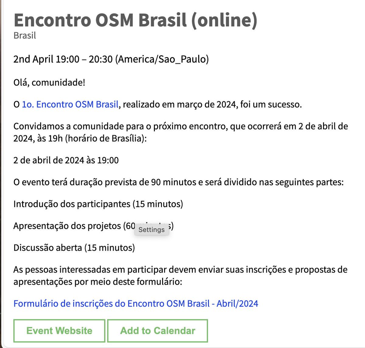 📣 From @OpenStreetMapBR: 🇧🇷 On 2 Apr, at 7 pm (Brasília time), the Brazilian community will hold its monthly virtual meeting. Discussions will cover current and future projects. Details are here: buff.ly/4adjQ2B