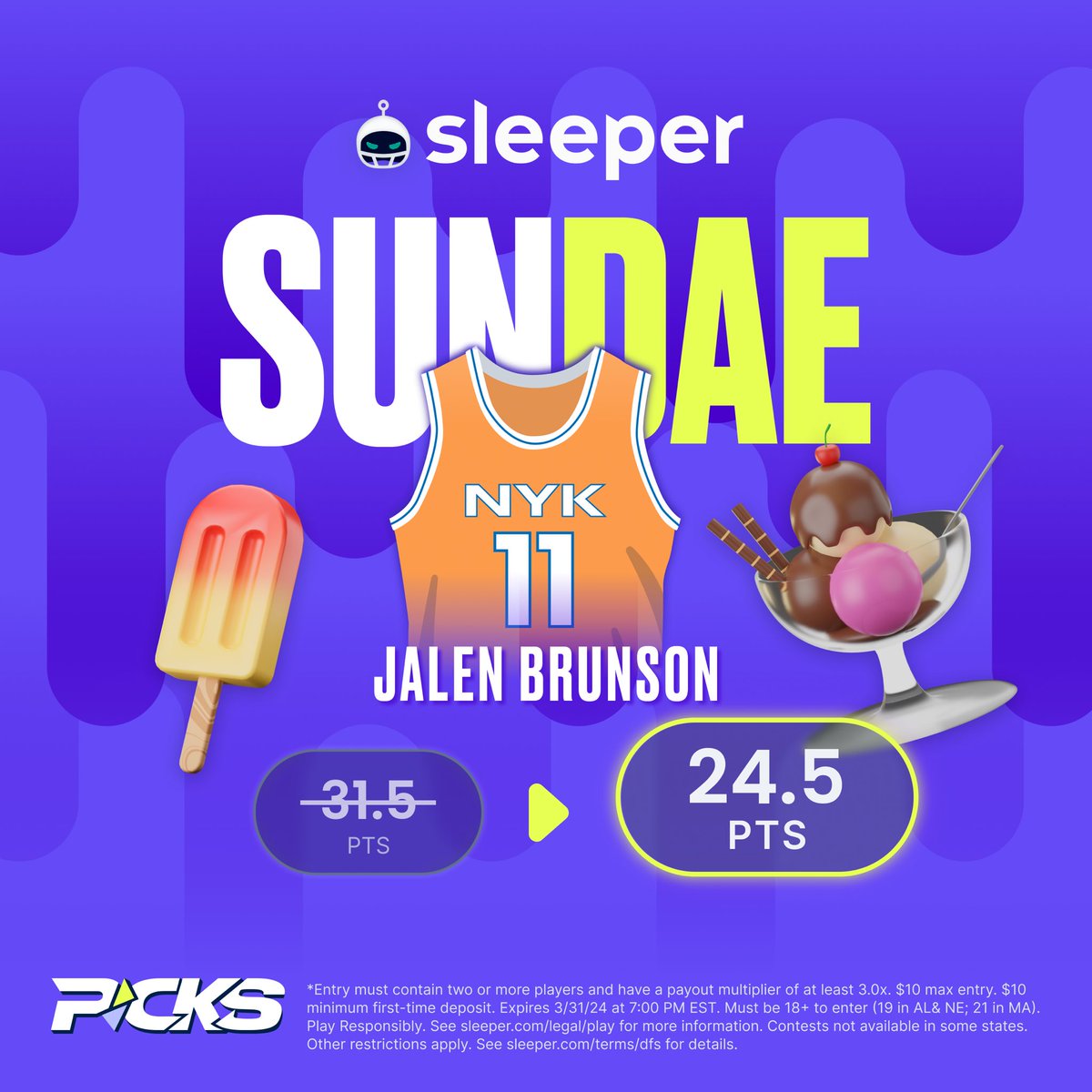 AlexCaruso's tweet image. Jalen Brunson HUGE DISCOUNT Parlay

$10 ➡️ win $180 

There’s also TWO PROMOS you get if you’re a New User on Sleeper

DeMar DeRozan Over 0.5 Points
Luka Doncic 33.5➡️26.5 Points

You can unlock them BOTH using⬇️

Code CARUSO for up to $500 Deposit Match sleeper.com/promo/CARUSO