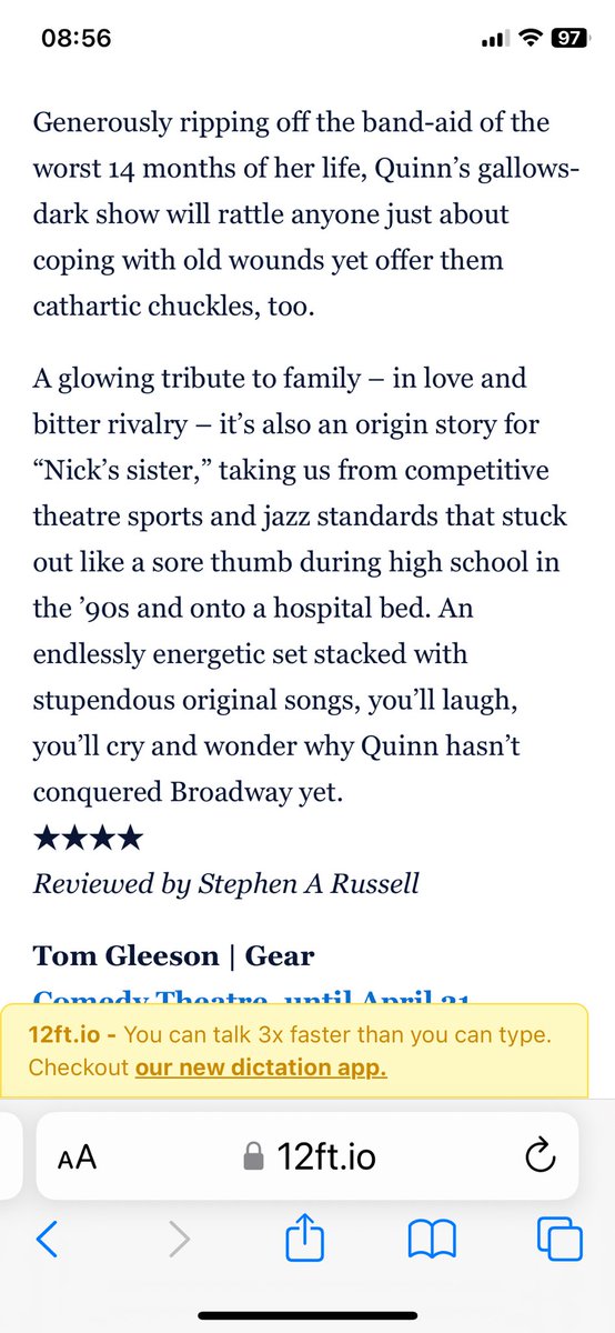 ⭐️⭐️⭐️⭐️ - The Age “An endlessly energetic set stacked with stupendous original songs, you’ll laugh, you’ll cry and wonder why Quinn hasn’t conquered Broadway yet.” I close Sunday. Tix: malthousetheatre.com.au/what-s-on/come… Supported by the #cityofmelbourne Arts Grants #micf