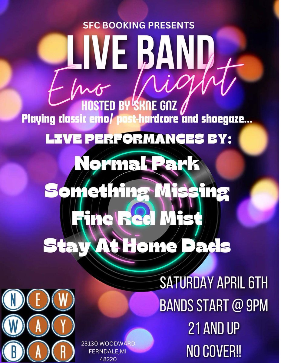 SAHDband's tweet photo. We've got a fun one coming up this Saturday (4/6) in Ferndale, and it's FREE! 

Come watch Jonathan get twice as sweaty playing for @SMissingMI too.

Plus, there's going to be an #emonite DJ in between sets

Thx SFC Booking! Music at 9 pm - your mom listens to rock 'n roll 👩‍🎤 https://t.co/jUuAYSREqL