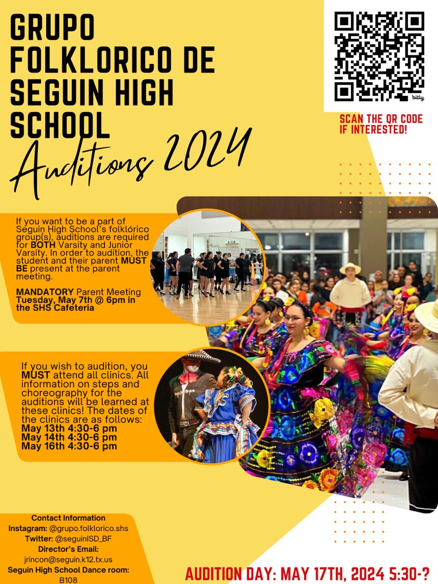 Any incoming 9th-12th graders wanting to be a member of Grupo Folklorico De Seguin High School next year MUST audition. MANDATORY Parent &amp; Student  Meeting on Tuesday May 7th @ 6PM in the SHS Cafeteria. See you all there!! Auditions are on May 17th in the SHS Dance Room!