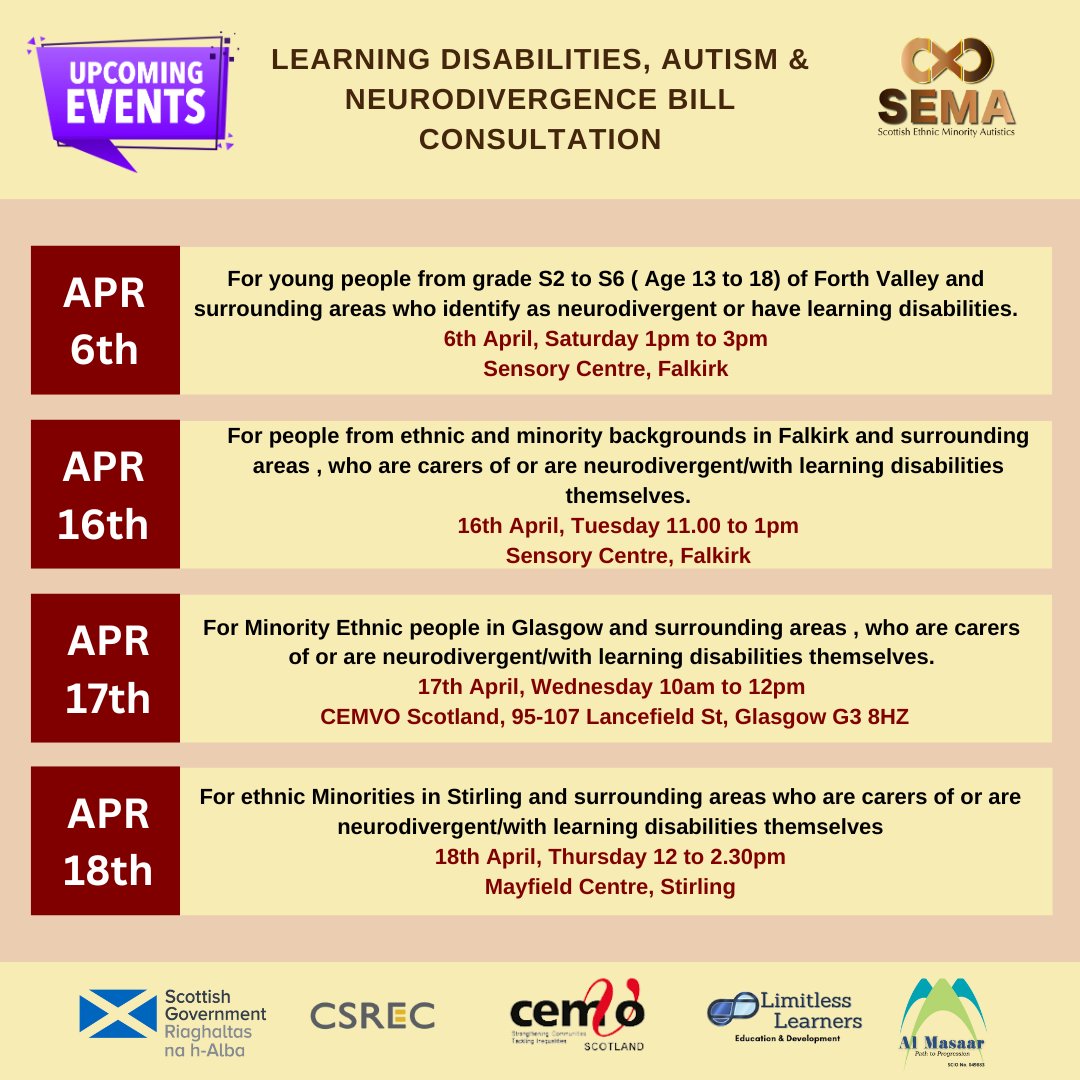 Link to register eventbrite.co.uk/o/scottish-eth…

Please share

#haveyoursay #LDANBill #Consultation #Scotland #Autism #learningdisabilities #adhd #dyspraxia #dyslexic  #tourettes