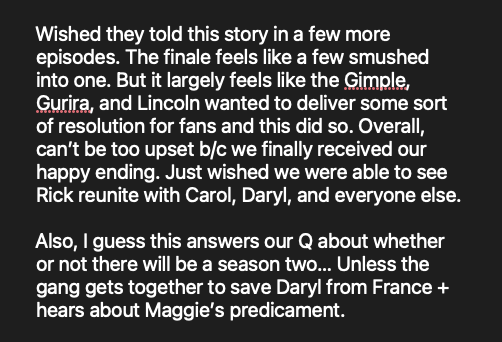 Some mixed feelings on the #TWD #TheOnesWhoLive finale. But, overall, enjoyed it. What did you guys think?