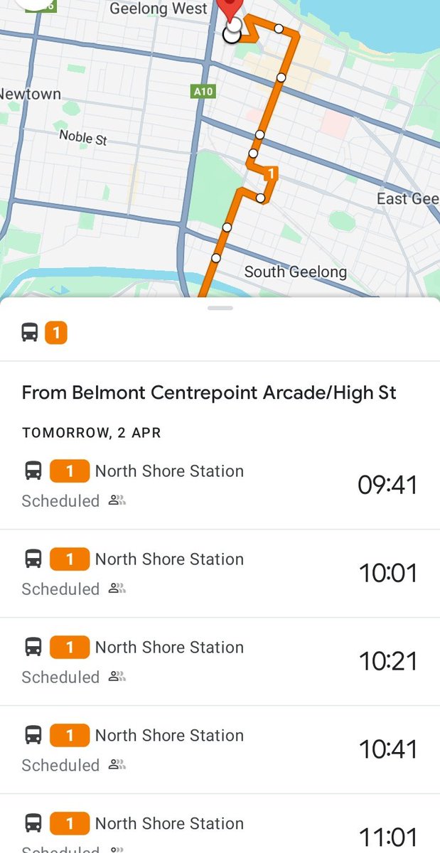craig_halsall's tweet photo. @AidenHowlett @TripView @AnyTripAU @ptv_official @dysongroup @VenturaBus And in #Geelong correctly #GoogleMaps correctly showing the Saturday frequency on Easter Monday for #1bus (versus the 20 minute weekday frequency)
Hmmm...🤨
#PTV https://t.co/P29zxPCMYu