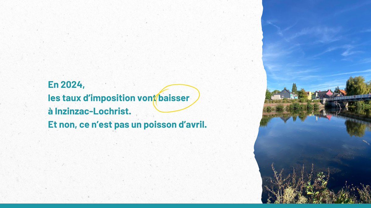 ✅ Non, ce n'est pas un poisson d'avril : en 2024, les taux d'imposition vont baisser à Inzinzac-Lochrist

La majorité municipale a respecté sa promesse depuis 2014 : aucune hausse des taux d'imposition. Aujourd'hui, nous ouvrons une nouvelle étape en amorçant une baisse des taux