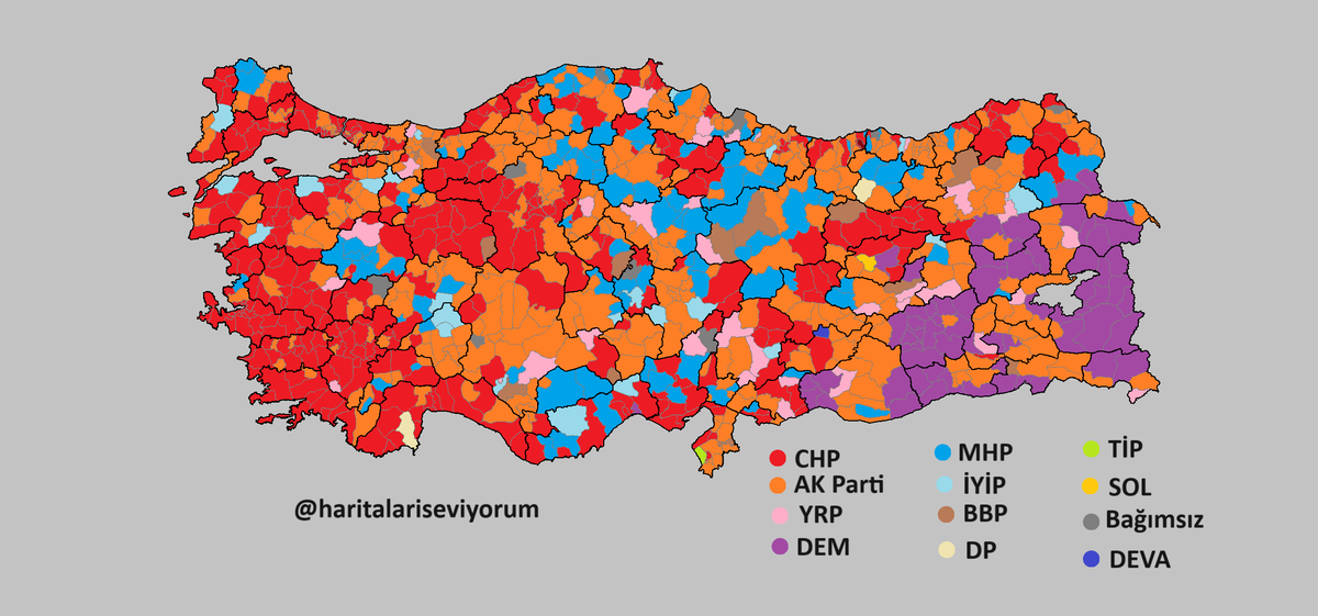MuhammetDantes's tweet image. 2024 yerel seçimleri ilçeler başında seçim sonuçları.