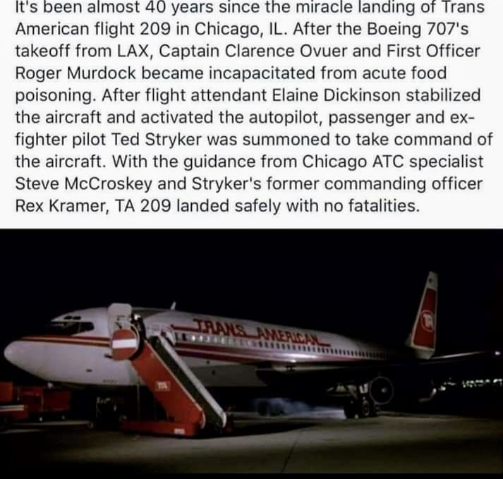 #OTD in 1980: Trans American Flight 209, a B-707, lands safely in Chicago (US) after crew was incapacitated by food poisoning. An ex-fighter pilot traveling as a passenger, along with a flight attendant, took control, supported by an ATC specialist and a former USAF captain.…