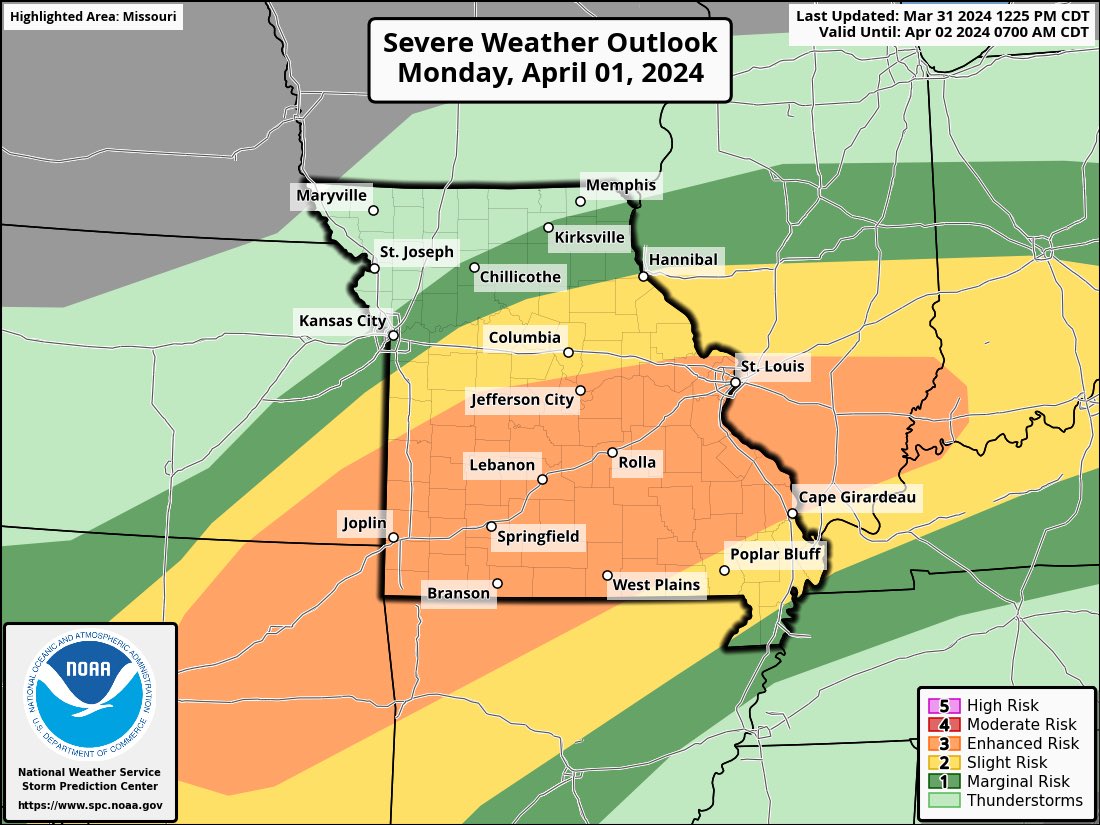 ⚠️ Severe weather risk Monday ⚠️ 

Thunderstorms are forecast across a large portion of the state tomorrow afternoon &amp; evening. Large hail, damaging winds &amp; isolated tornadoes are all possible with this system. Stay aware, follow your local forecast &amp; plan ahead now! #MoWx