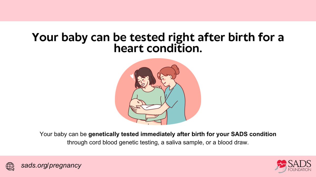 #DidYouKnow that you can test your baby right after birth for SADS conditions? Common methods include cord blood genetic testing, a saliva sample, or a blood draw. Learn more about SADS and pregnancy at sads.org/resources/preg….