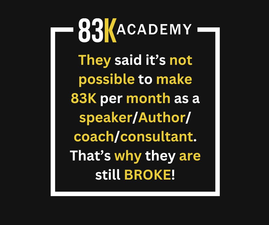 They doubted making 83K/month as a speaker/author/coach/consultant was possible. Now, they wonder how I did it while they stay stuck in the same financial rut. Join 83KAcademy.com to find out how

#BreakingLimits #SuccessIsAChoice #ElevateYourMindset #DrKeithJohnson