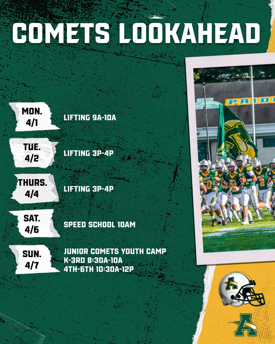 Comets week ahead, APRIL!!! Camp next month , Speed School and Junior Comet camps this weekend~!!! #PCE @SteeleComets @AmherstQb @AmherstFootball