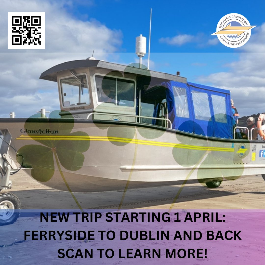 tywifferi's tweet photo. One day only | Ferryside to Dublin and back in Carmarthenshire for supper!  Enjoy a pint of #Guinness in #Dublin. Scan the QR code for details.
#carmarthenbayferries #visitireland #visitwales https://t.co/UfquzMJbWl