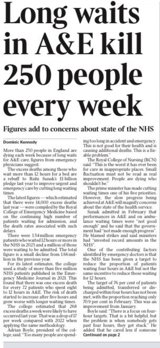 Lengthy 🇬🇧UK  A&E 🇬🇧 waits responsible for more than 250 needless deaths each week, experts claim. The grim reality of an NHS struggling to cope under the weight of demand has been laid bare by the Royal College of Emergency Medicine (RCEM).

#NHS #ToryBrokenBritain #LabourParty
