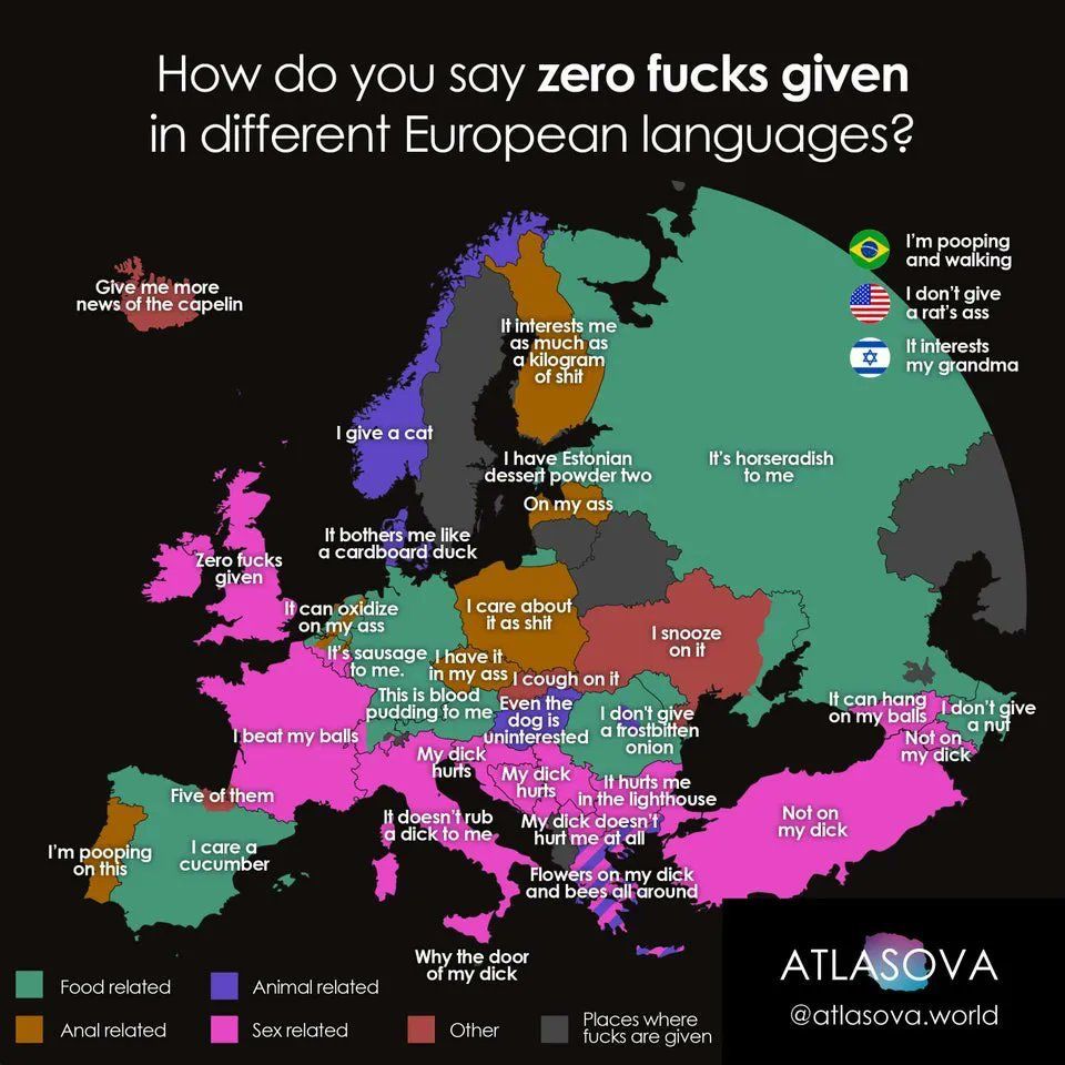 Been asked by a teacher if I knew of any fun etymology map to show her students. This is what I sent her 😉 'Zero fucks given' in different European languages. Source: buff.ly/3fGTNqc
