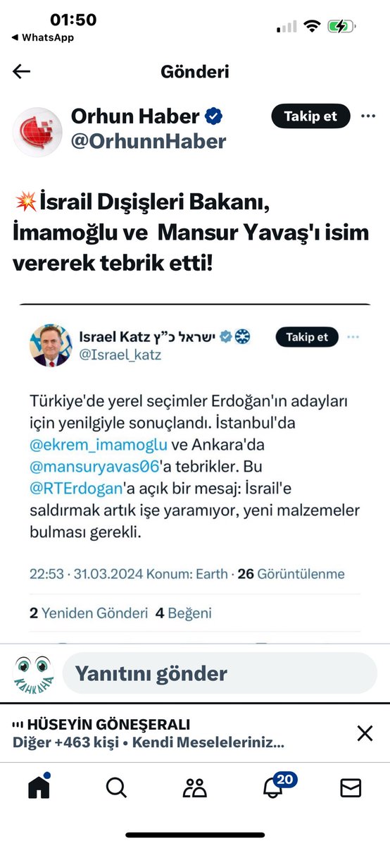 ATA SÖZÜ; “Bana dostunu söyle sana kim olduğunu söyleyeyim”… İSRAİL DIŞİŞLERİ BAKANI ISRAEL KATZ İKİ KİŞİYİ TEBRİK ETMİŞ… EKREM İMAMOĞLU VE MANSUR YAVAŞ… HEM DE TÜRKÇE…