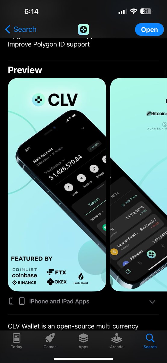 Tom_Rook69's tweet photo. @clv_org @clv still has FTX on their App Store picture. wtf. Dead. Still says FTX and alameda after he was sentenced. What a bullshit dead coin. Avoid https://t.co/lvnPOZa9WF