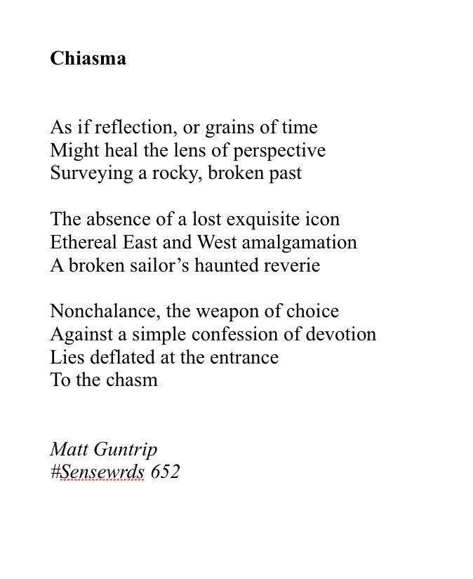 Nonchalance, the weapon of choice
Against a simple confession of devotion
Lies deflated at the entrance
To the chasm

#sensewrds 652