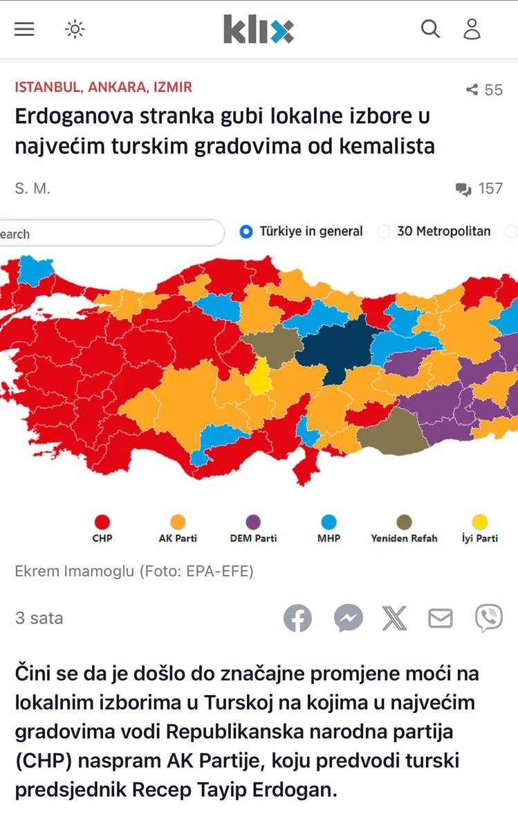 Bosna'nın önemli haber sitelerindrn Klix'in başlığı: 'Erdoğan'ın partisi büyük şehirlerde yerel seçimleri Kemalistlere kaybetti,'