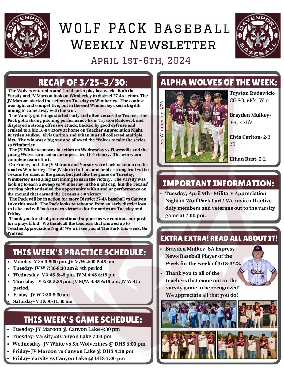 Wolf Pack Weekly Newsletter week of 4-1-24. GO WOLVES! @BuildThePack @DavenportWolves @BMar1842 @cisdnews @K_Gottardy12 @ReddingWeston @GoingAllday