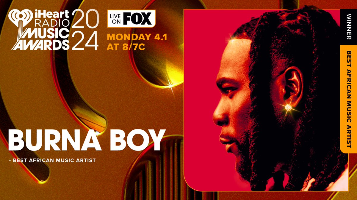 .@burnaboy wins Best African Music Artist! Watch our #iHeartAwards2024 LIVE on @FOXTV tonight at 8/7c!