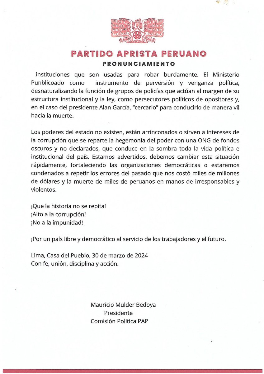 apraint's tweet photo. Pronunciamiento del APRA -Partido Aprista Peruano con referencia a la situación política en el Perú. https://t.co/KMKTLllfYN