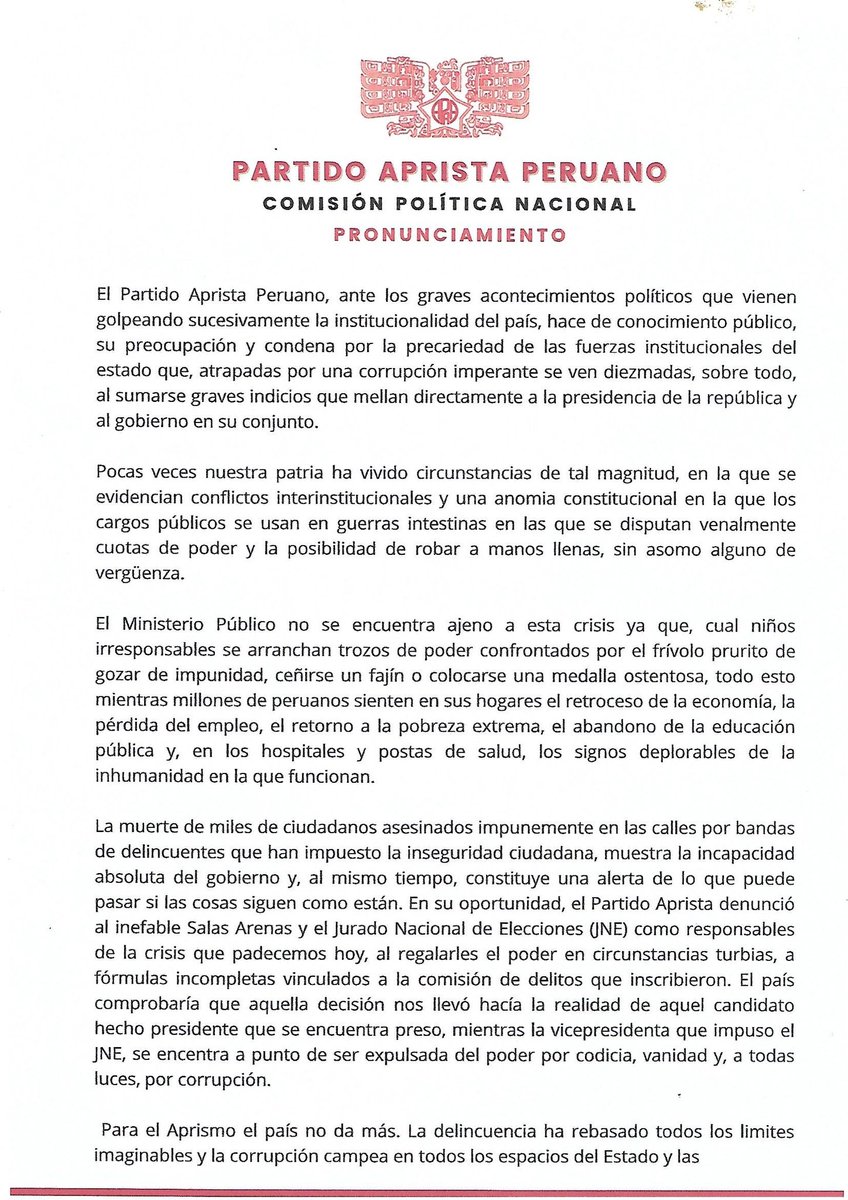 apraint's tweet photo. Pronunciamiento del APRA -Partido Aprista Peruano con referencia a la situación política en el Perú. https://t.co/KMKTLllfYN