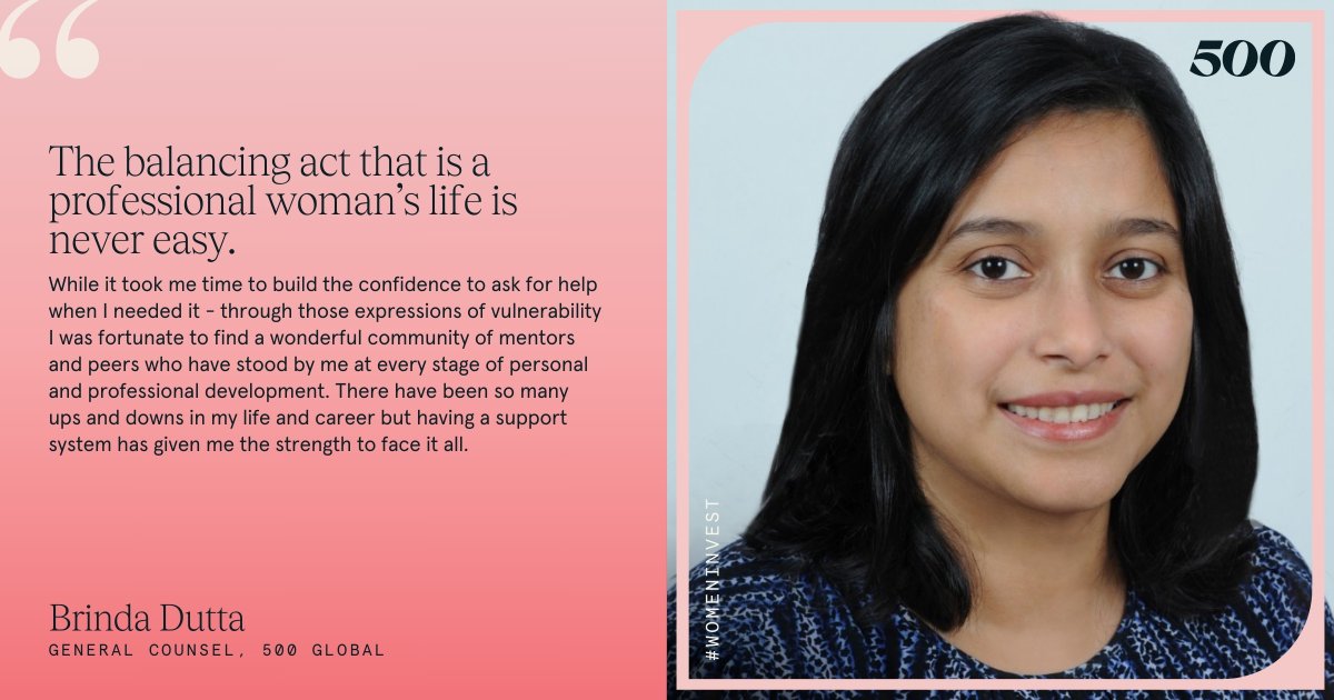 Acknowledging the balance women navigate throughout their careers, Brinda Dutta, General Counsel at 500 Global, shares the importance of finding a support system. By connecting with mentors for support, she found the strength to overcome challenges. #WomenInvest #InvestinWomen