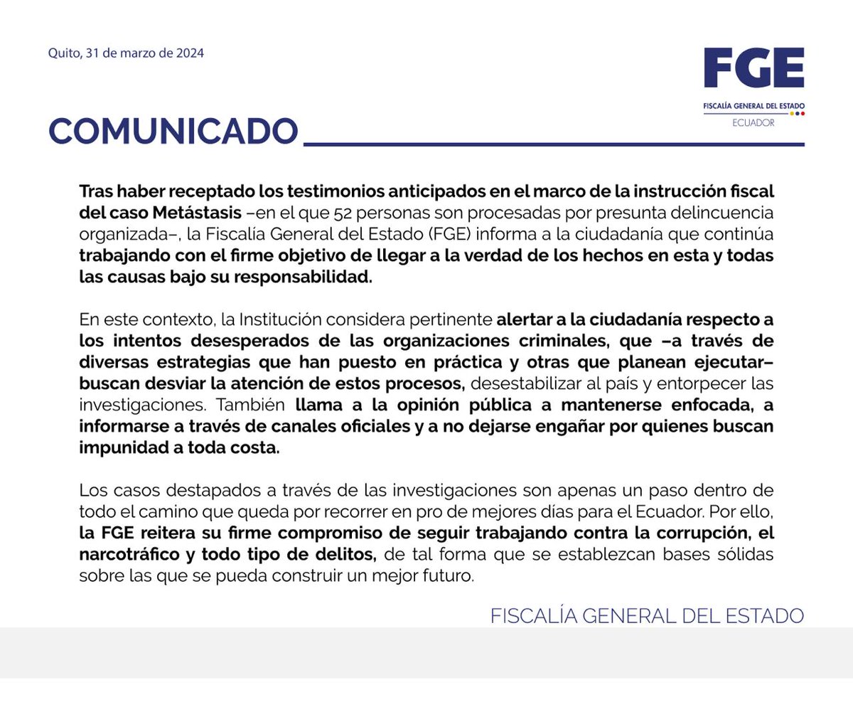 FiscaliaEcuador's tweet image. #COMUNICADO | #FiscalíaEc hace un llamado a la ciudadanía a permanecer alerta ante las estrategias de las organizaciones criminales que buscan impunidad y desviar la atención de los procesos que lleva la Institución contra la corrupción y el narcotráfico. ⬇️