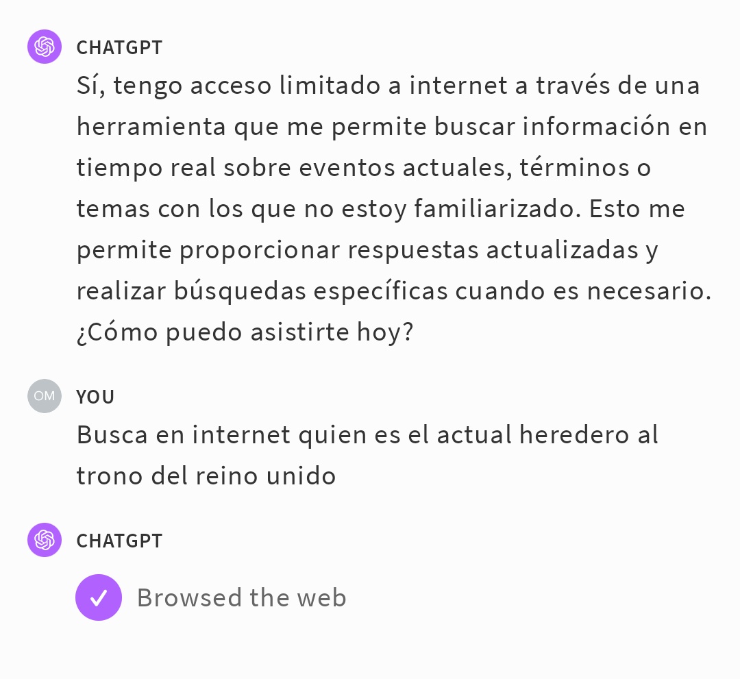 OmarCardenasC's tweet photo. Atención
ChatGPT versión 4 informa a sus usuarios que tiene conexión limitada a la web, pudiendo buscar información actualizada. Además, señala la fuente (símbolo de comillas) y el link en el que obtuvo la información.
Aquí les muestro la sencilla prueba que hice hoy. Va 🧵 👇 https://t.co/zcqOx5DTbk