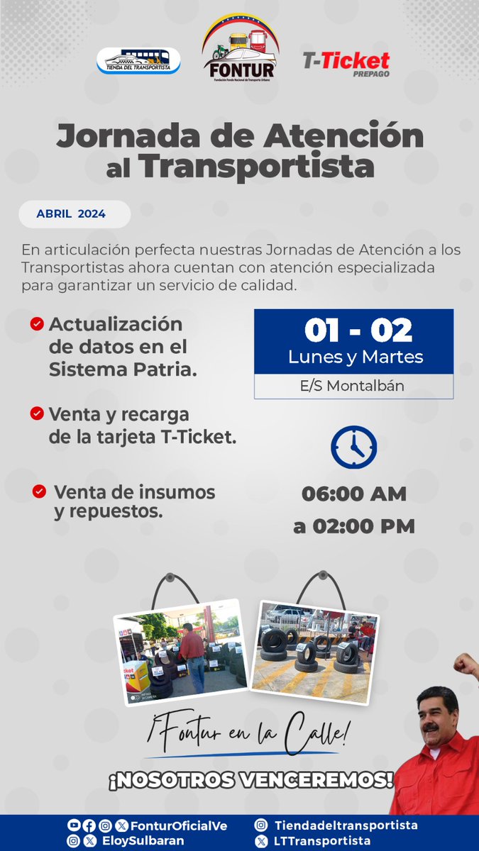 Regresamos potenciados y mañana continuamos con la Jornada de Atención al Transportista en la E/S Montalbán 📍

¡Te esperamos!

<a href="/NicolasMaduro/">Nicolás Maduro</a> 
<a href="/rvaraguayan/">Ramón Celestino Velásquez Araguayán</a> 
<a href="/ELOYSULBARAN/">Eloy Chiquitín</a> 

#VenezuelaPotenciaDePaz