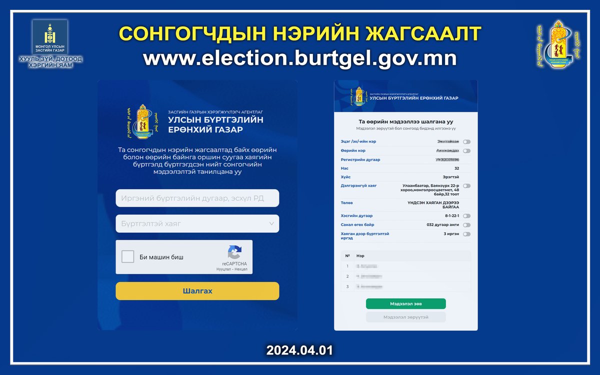 MnRegistration's tweet photo. Та сонгогчдын нэрийн жагсаалтад байгаа өөрийн болон өөрийн байнга оршин суугаа хаягийн бүртгэлд бүртгэгдсэн нийт сонгогчийн мэдээлэлтэй танилцана уу
https://t.co/K9Dl2mlSAi https://t.co/JN1XH2REpm