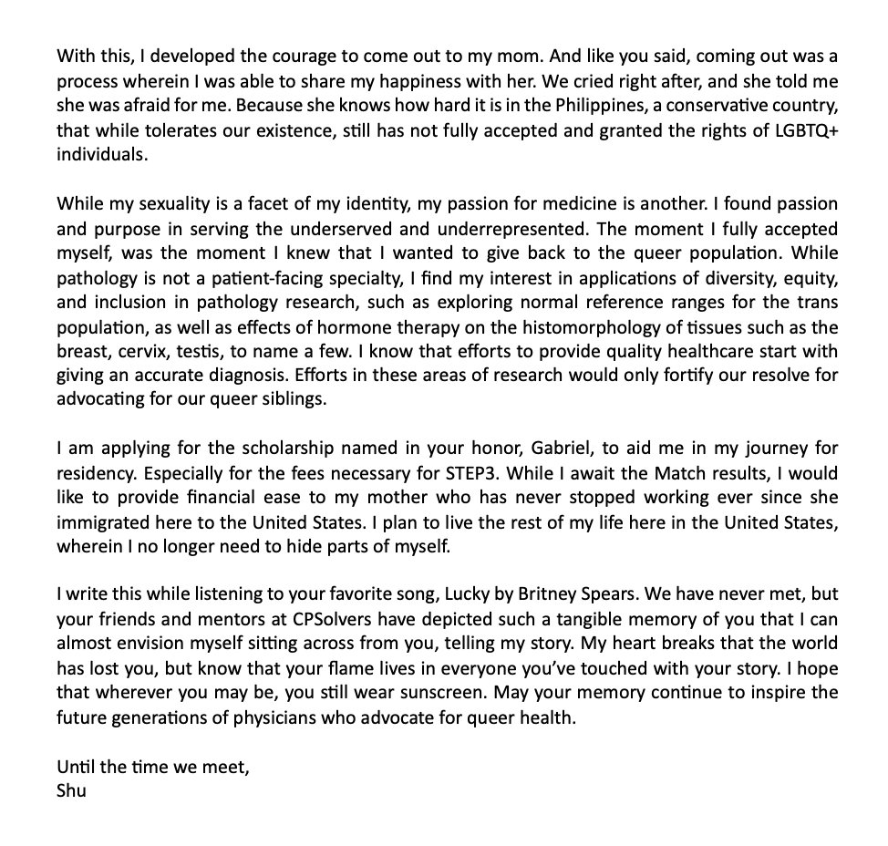 I wrote this essay during interview season for #match2024. I wrote it in honor of Gabriel Talledo, and how his story inspired me to come out proudly, multiple times in this Match cycle.

To know about Gabriel himself, I suggest listening to his podcast: 
clinicalproblemsolving.com/2022/06/22/epi…