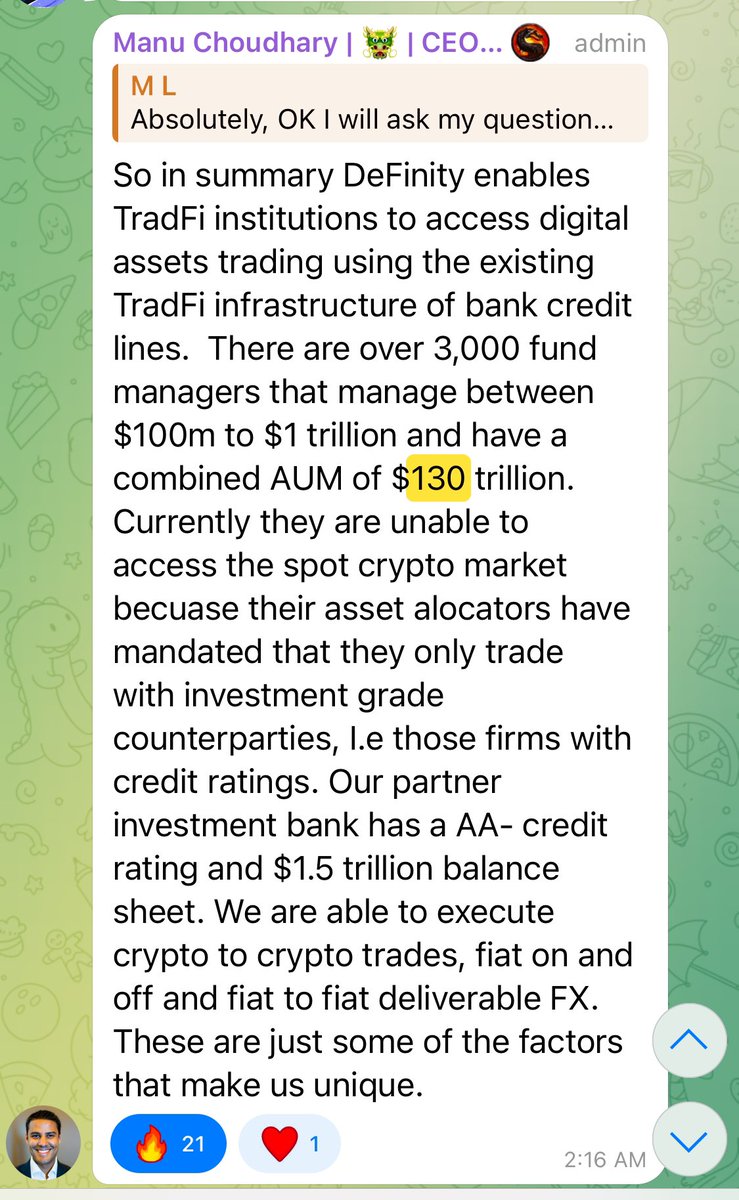 shalfern's tweet photo. if you ask why i thihk @definitynetwork is on path to become a #unicorn, below answer from Manu ( @ManuMC1DL) co-founder and ceo of #DeFinityMarkets and ceoof #dmalink is the reason.
Dont't sleep on $defx, its a #1000x play.
DYOR!! https://t.co/ATrreYBabu