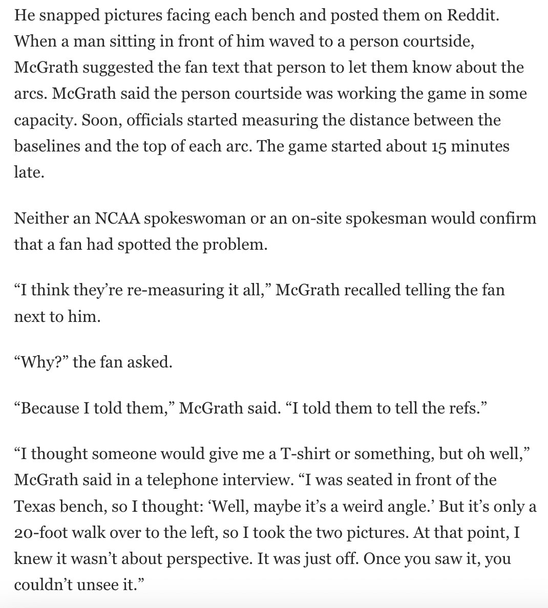 At the start of Texas-N.C. State, an NCAA official told another that a fan had alerted game officials to the discrepancy between the three-point lines. Enter lawyer Michael McGrath, who spotted it from the 300 level: washingtonpost.com/sports/2024/03…