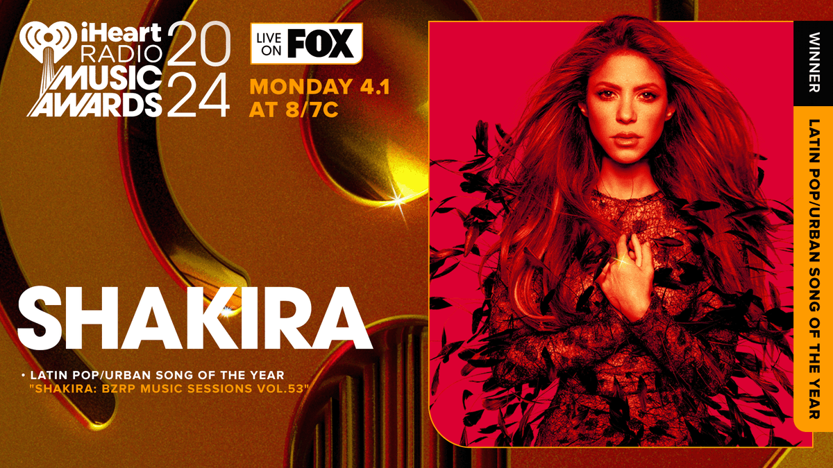 iHeartRadio's tweet photo. Congratulations, @shakira for winning Latin Pop/Urban song of the Year!

Watch our #iHeartAwards2024 LIVE on @FOXTV tonight at 8/7c! https://t.co/9lrkBq48Qv