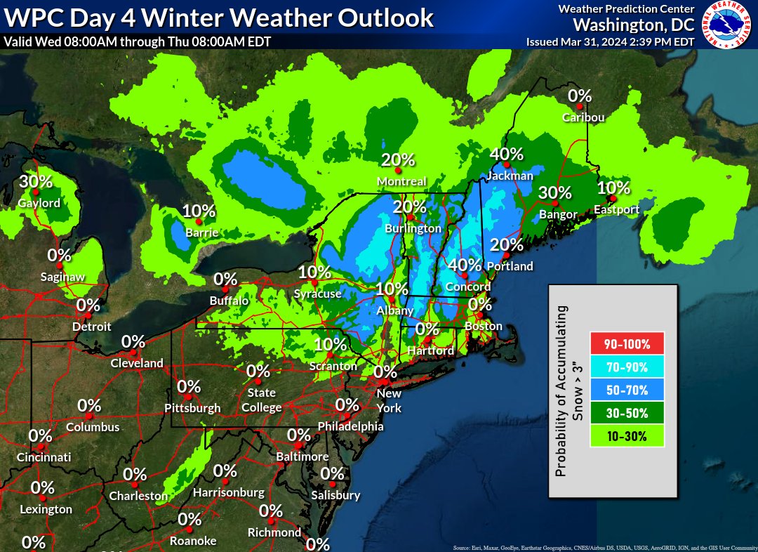 NWSAlbany's tweet photo. We are monitoring a long-duration storm that will impact the region Tuesday through Thursday with high-elevation snow, and valley rain changing to snow. This map shows the chance for >3" of snow between 8 AM WED - 8 AM THU. Additional snow accumulation is likely after 8 AM THU. https://t.co/KG4n4OIhQH