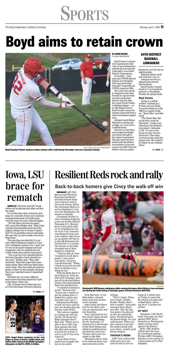 Monday Sports Front: Local work from @DIndependentQB and @thatphotoguy82. Inside: @EmmaHall910, @martyconley, and Mr. Staff Report. Check it out online or in print tomorrow!