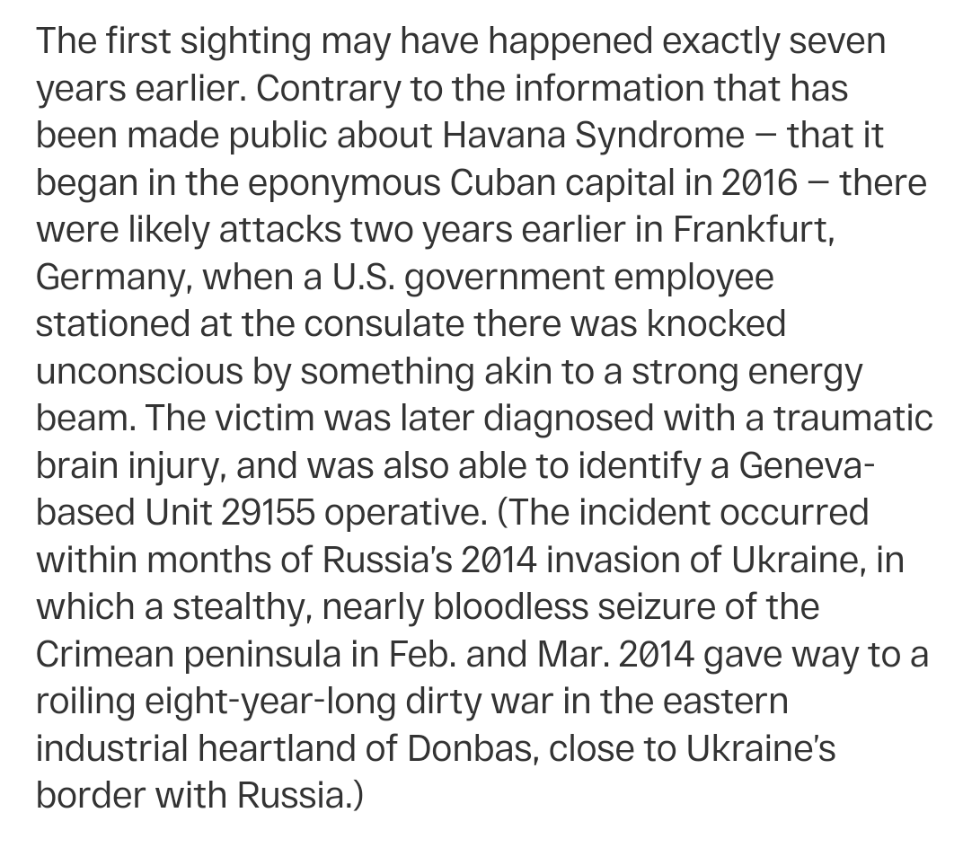 This anecdote doesn't make sense. Someone was hit by 'something akin to a strong energy beam.' How do they know? Victim was able to identify a Russian spy -- ok, but in what context? Was he there during the incident?