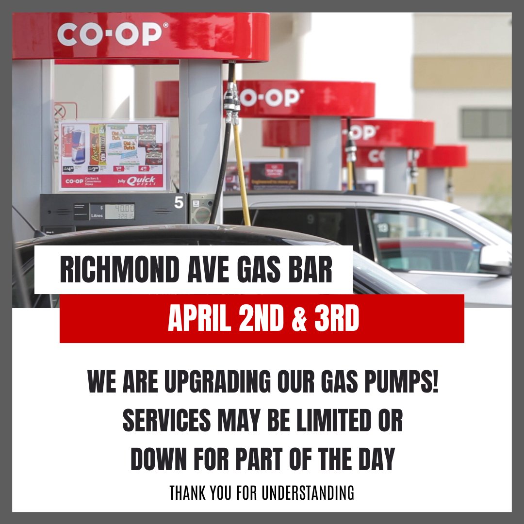 Our Richmond Avenue gas bar in Brandon is upgrading their gas pumps on Tuesday April 2nd & Wednesday April 3rd. Please note that services may be limited or down for part of the day. Thank you for understanding 😀