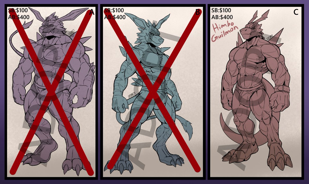 Only 8 HOURS left! The only one left is Bara Himbo Guilmon, currently at SB with the one bid. Link bellow to the bidding page. furaffinity.net/view/56034516/ And thank you all for all the love for my work this far. 💕