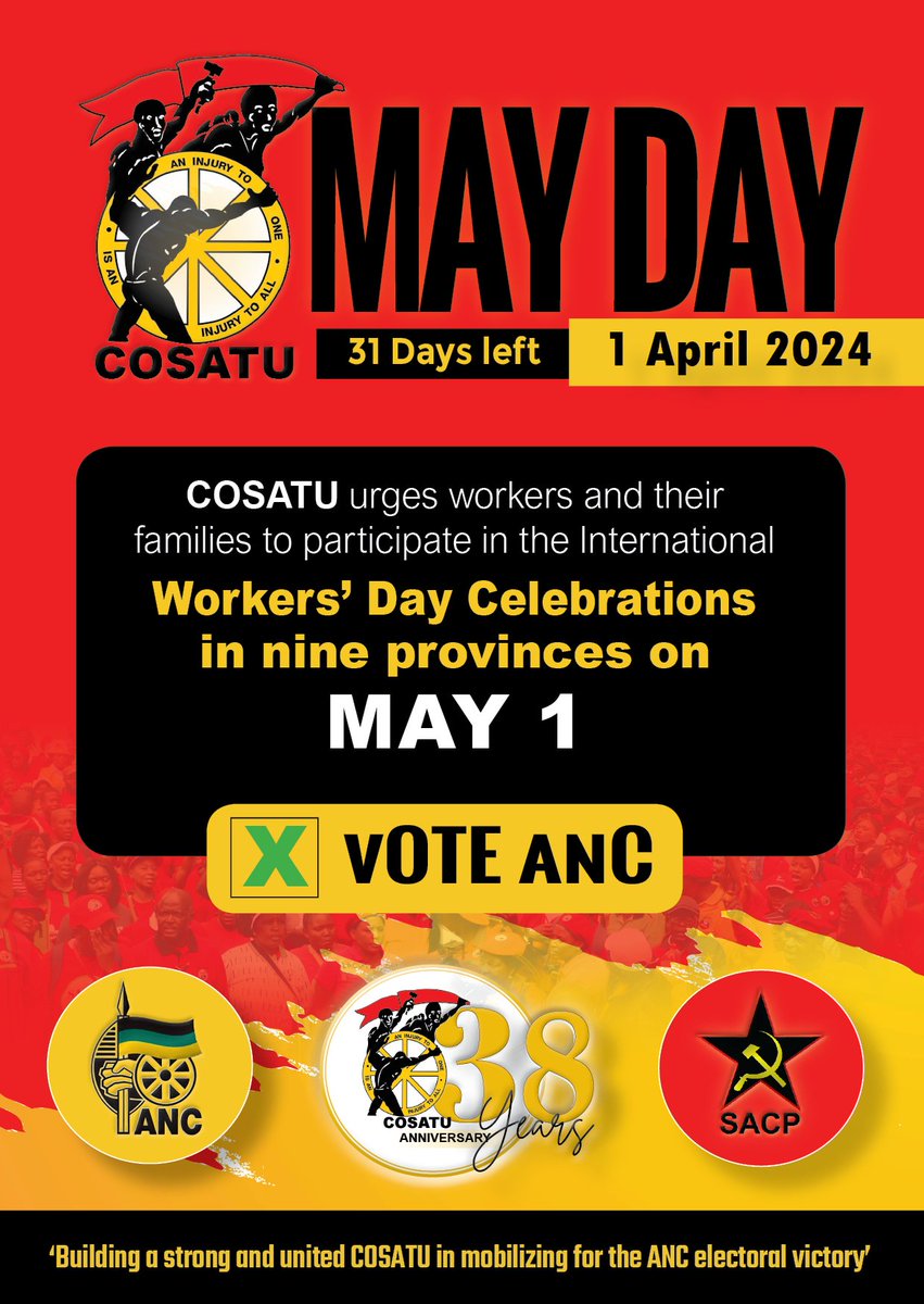 #COSATU launches  #InternationalWorkersDay count down, with massive celebrations scheduled to take place in nine provinces @Newzroom405 @SACP1921 @MYANC #MayDay2024 #VoteANC #MembershipService #RecruitmentDrive #ListeningCampaign @ANCLimpopo @GautengANC @ANCKZN @MbalulaFikile