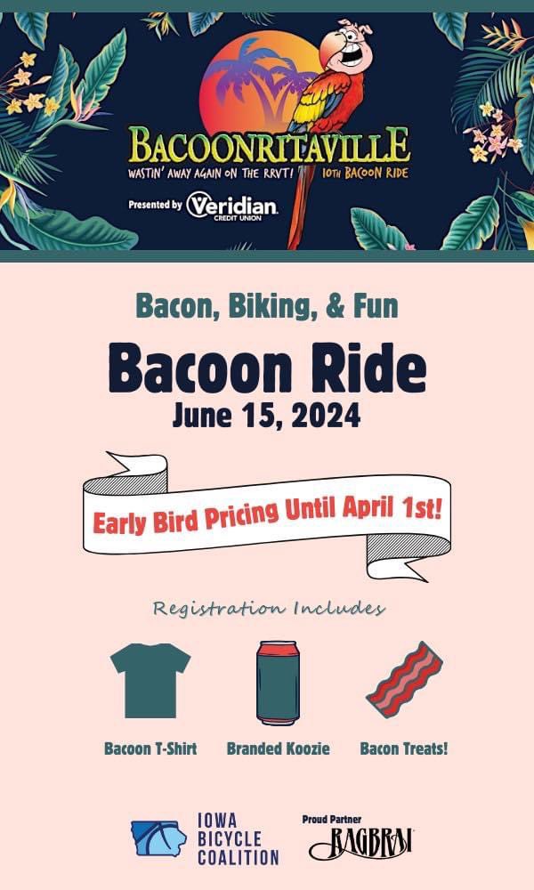 BRBaconFest's tweet photo. The 10th @BacoonRide from @IowaBicycle in on June 15th, 2024
on the #RRVT Get signed up for Early Bird Pricing before it goes up. https://t.co/XvmqHfP75w https://t.co/QAIBEbbmxK