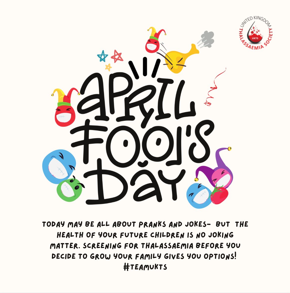 This #AprilFools Day, let’s prank-proof the health of our future generation & spread the word about why screening for #thalassaemia is crucial! Because when it comes to our future babies, there’s no joking around! Find out more about this on ukts.org #teamukts