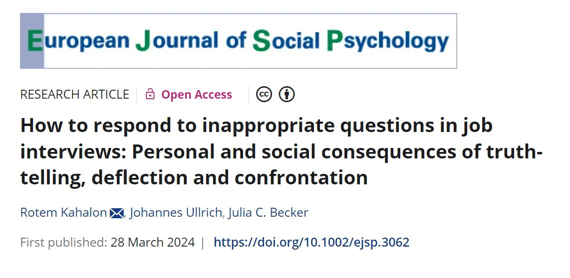 While interview q's about marriage & children are not legal, US employers may ask women indirectly: 'Are you moving here by yourself?' Study (N=760) finds deflection (respond w/ a question) is better at the personal level; confrontation at the social level.onlinelibrary.wiley.com/doi/10.1002/ej…