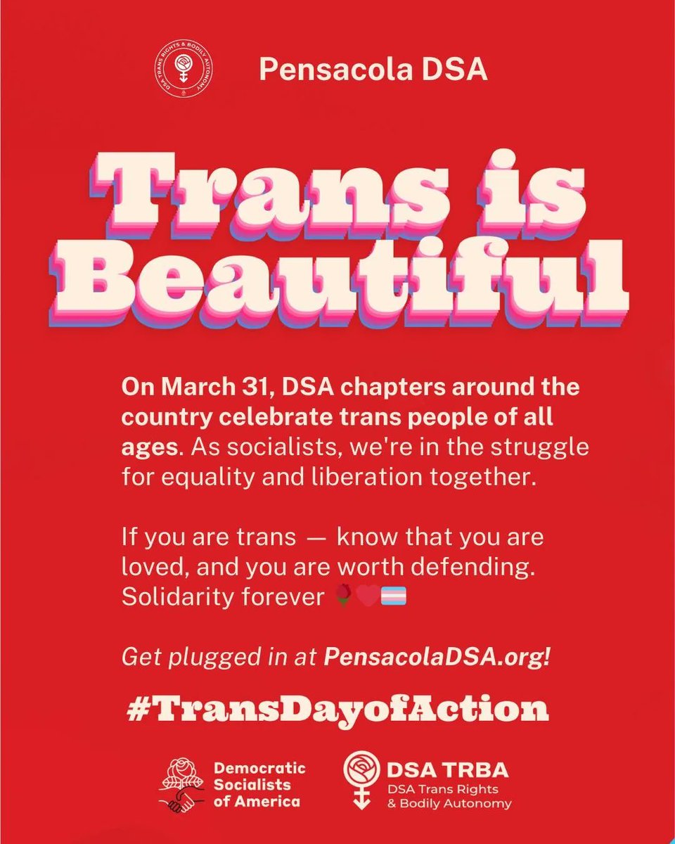 Pensacola_DSA's tweet photo. Trans is beautiful! 🏳️‍⚧️🌹💪🏼 #TransVisibilityDay #TransDayOfAction https://t.co/ovHI4YESqK