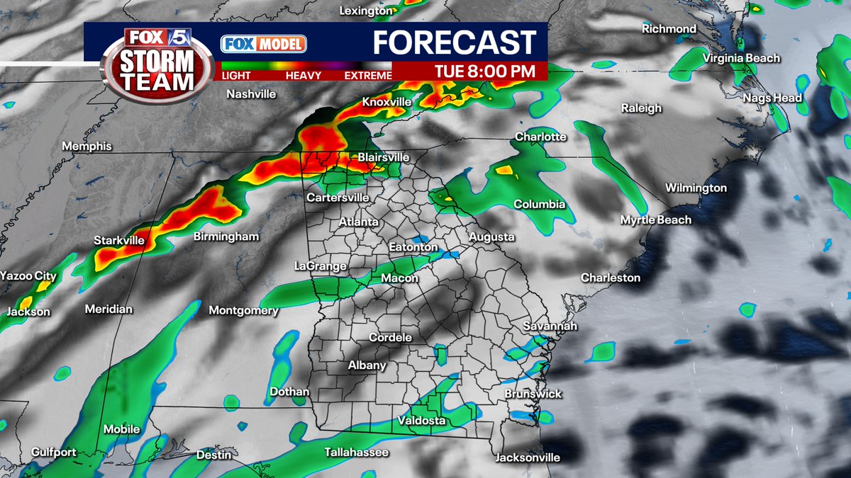 JStaceonFOX5's tweet image. Strong to severe storms will approach and ultimately pass through north Georgia late Tuesday into early Wednesday. Tracking the threats and the timing on @FOX5Atlanta starting at 10:30 p.m. and ANYTIME on #FOXLocal