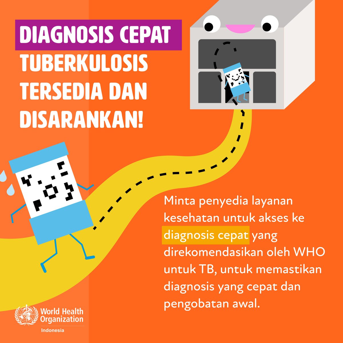 Jangan Tunda! Dapatkan Diagnosis Cepat Tuberkulosis Sekarang! 🩺💡 Segera minta penyedia layanan kesehatan untuk akses ke diagnosis cepat yang direkomendasikan oleh WHO untuk TB. #EndTB #SehatUntukSemua